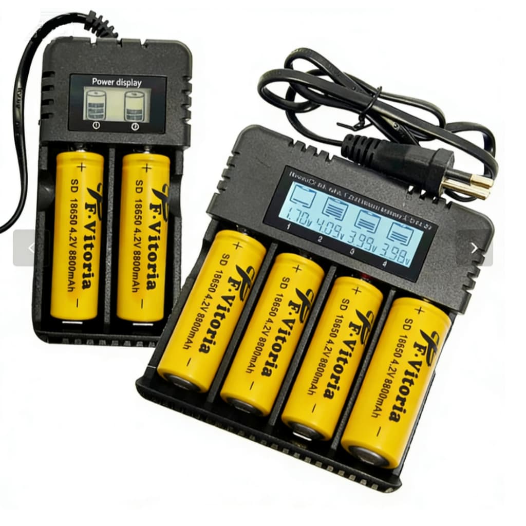 Carregador de 4 compartimentos com visor para baterias 18650, 26650 e 16340
