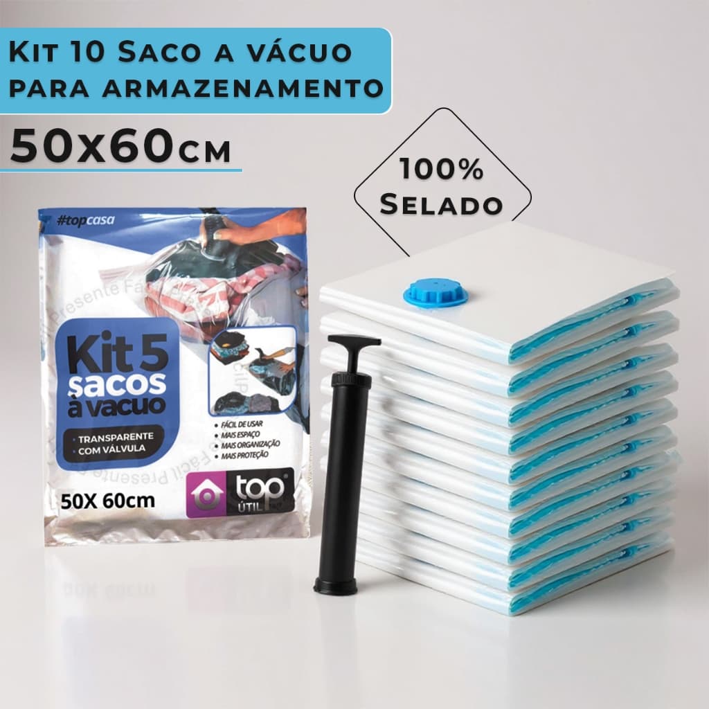 Kit Saco à Vácuo 50X60 com ou sem Bomba Organizador Hermético Guarda Roupa Organização Mala Edredom