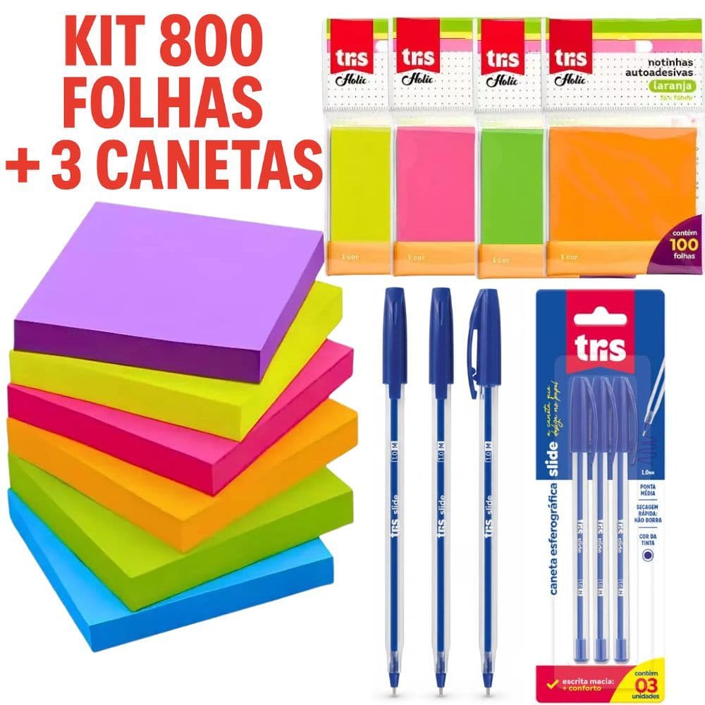 Kit Post it Até 800 Folhas Bloco de Notas Adesivo 76x76mm Colorido Pastel Neon