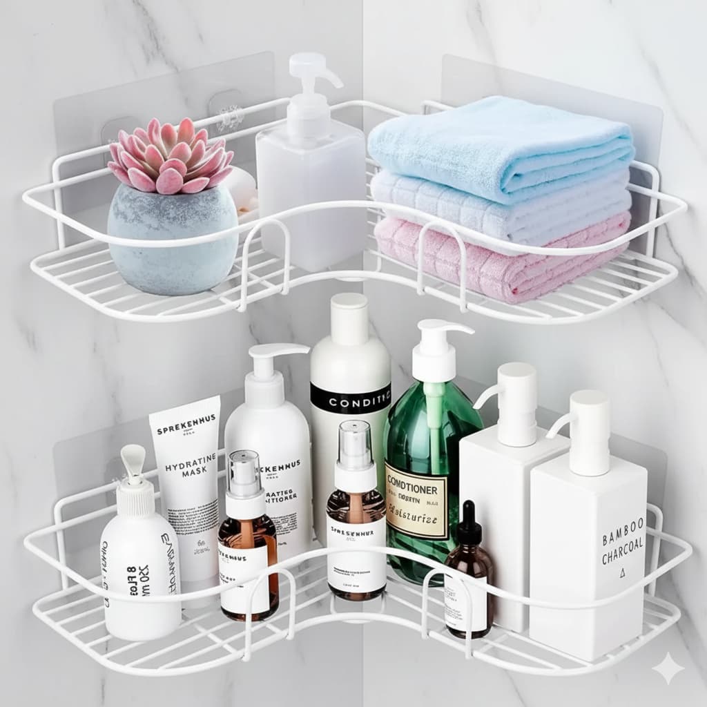 Kit Porta Shampoo Prateleira Inox Sabonete Suporte De Canto Com Adesivo Parede Banheiro Box Nicho