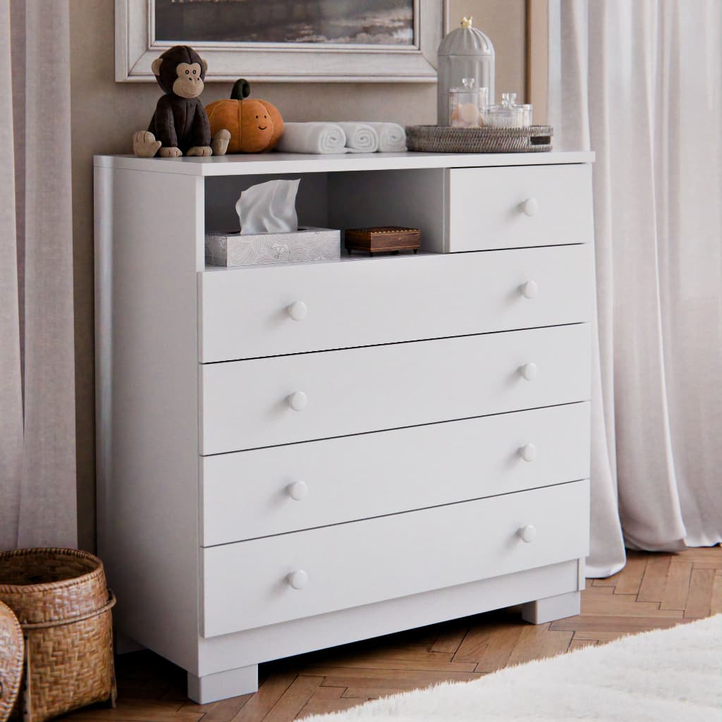Cômoda Infantil Amora 5 Gavetas com Nicho MDF MDP para Quarto de Bebê e Infantil Moderna