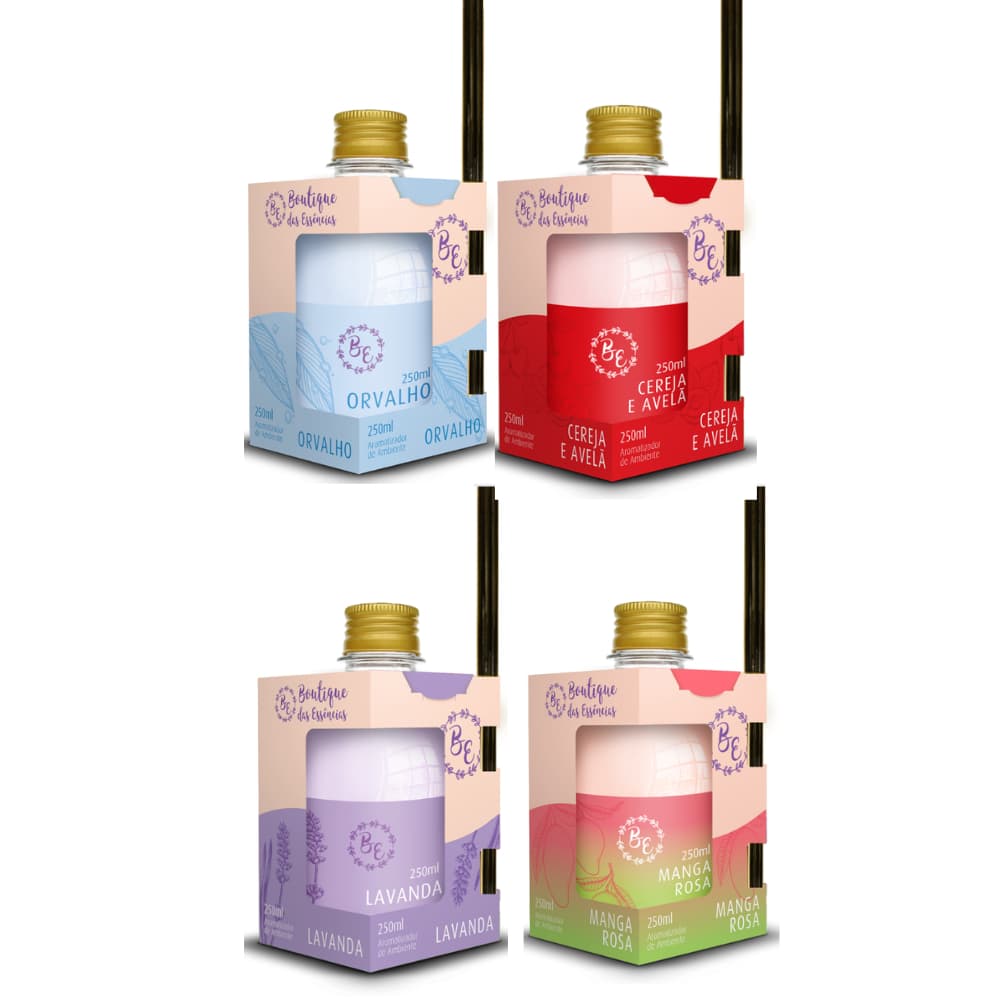 KIT 4 Aromatizadores de Ambiente - Manga Rosa - Lavanda - Cereja e Avelã - Orvalho