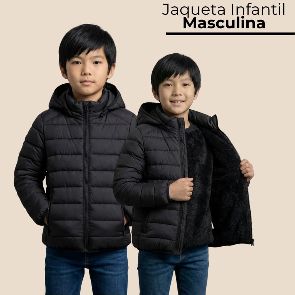 Jaqueta Puffer Infantil Masculino Pelinhos e Touca Inverno Frio Intenso