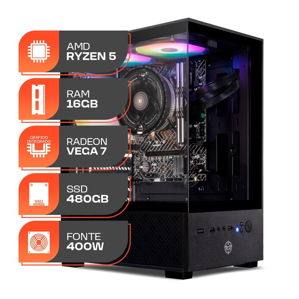 PC Gamer Forge, AMD Ryzen 5 5600GT, 16GB DDR4, SSD 480GB, Fonte 400W 80 Plus