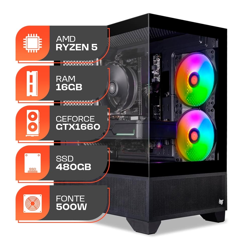 PC Gamer Spectrum, AMD RYZEN 5 5500, GeForce GTX 1660 Super 6GB, 16GB DDR4, SSD 480GB, Fonte 500W 80 Plus