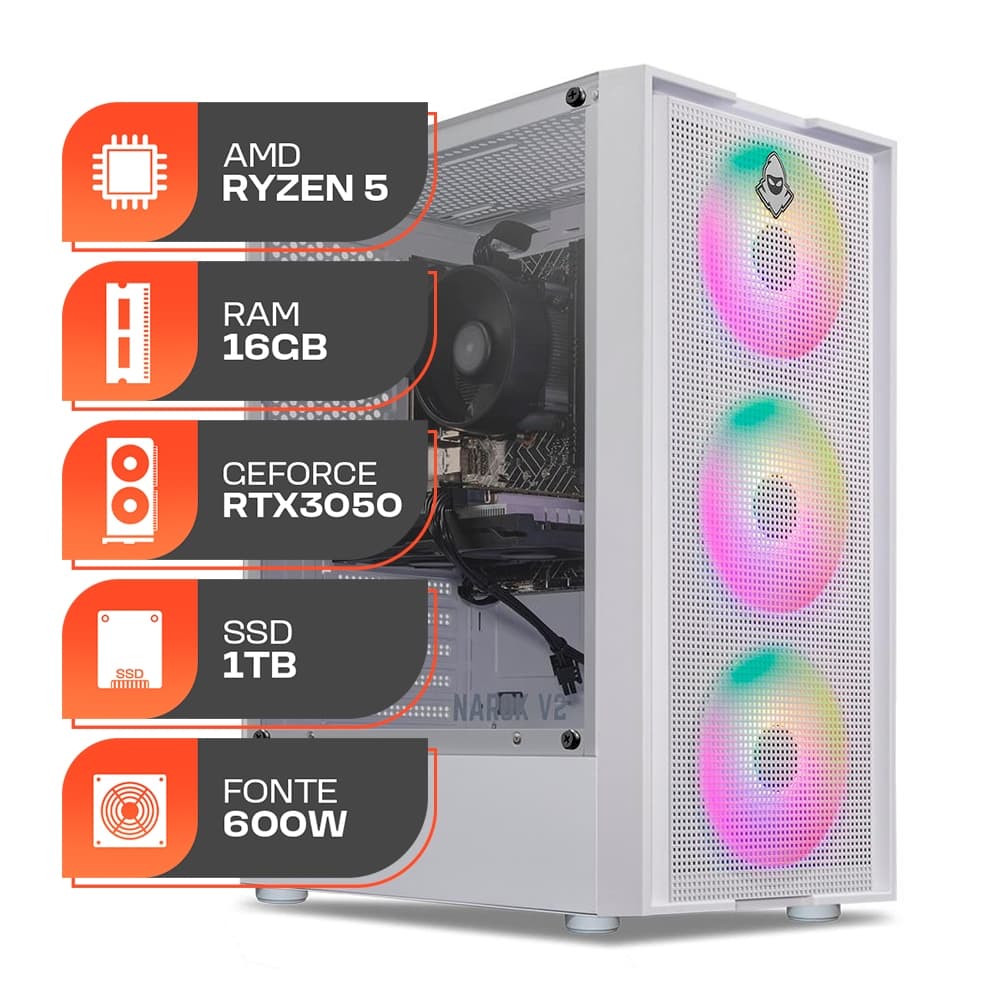 PC Gamer Spectrum, AMD RYZEN 5 5500, GeForce RTX 3050 6GB, 16GB DDR4, SSD 1TB, Fonte 600W 80 Plus