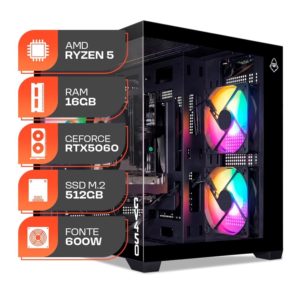 PC Gamer Titan Pro, AMD RYZEN 5 5500, GeForce RTX 5060 8GB, 16GB DDR4, SSD M.2 512GB, Fonte 600W 80 Plus