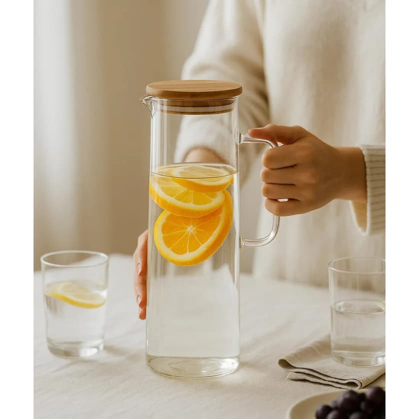 Jarra De Vidro Com Tampa Hermética Bambu 1,5l Para Sucos Agua Chá Leite Vidro Premium Borossilicato