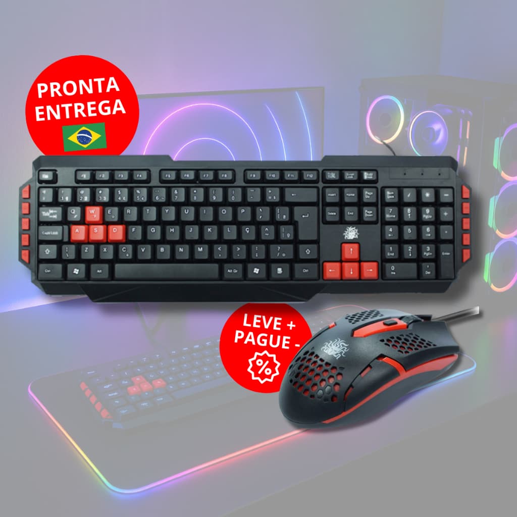 Teclado Mouse Gamer ABNT2 Teclas Destacadas Multimídia Lateral USB