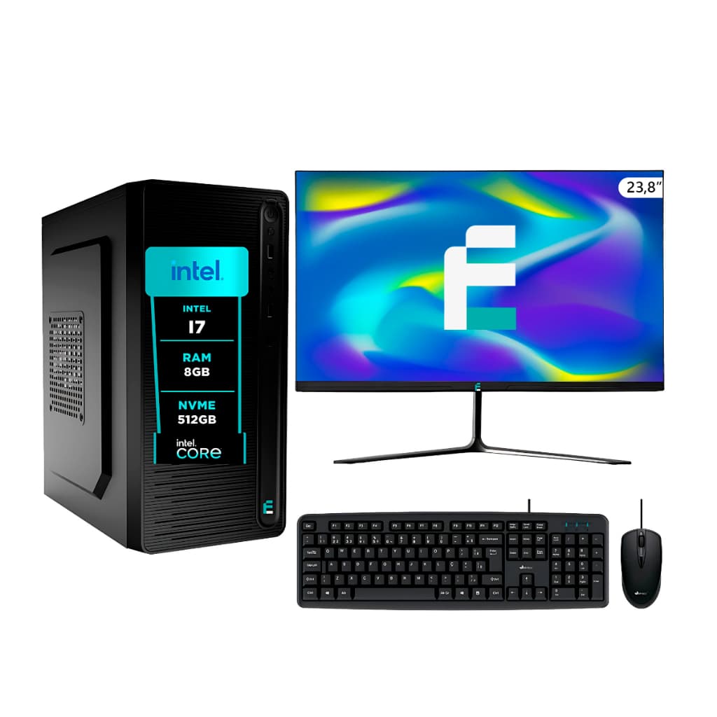 Computador Pc Completo, Intel Core i7, 8GB, Windows 11 Pro, Monitor 24 Polegadas, Ssd eFacini 512GB