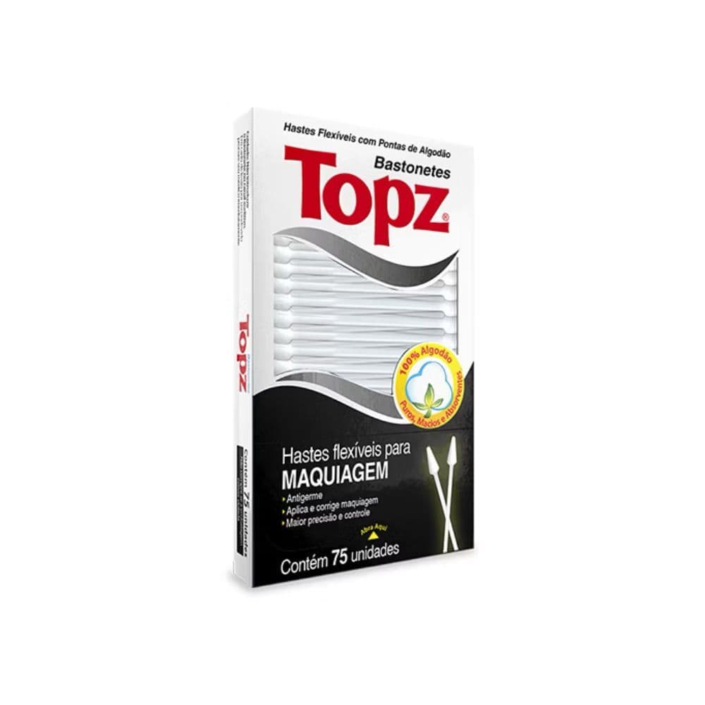 Hastes Flexíveis (Cotonetes) para Maquiagem Topz Cx C/75 Unidades