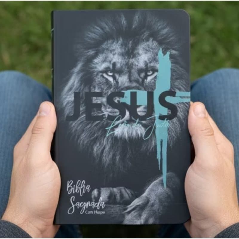 BIBLIA SAGRADA LEÃO JESUS LATERAL PRETA CAPA DURA COM HARPA, INDICE E LETRAS MEDIAS Versão R.C.