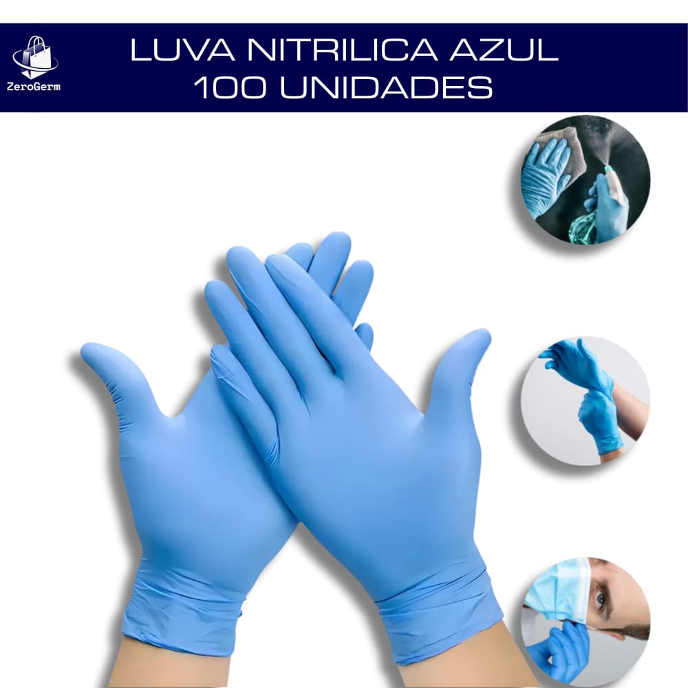 Luva Nitrilica Azul 100 Un Sem Pó - Tam PP, P, M ou G