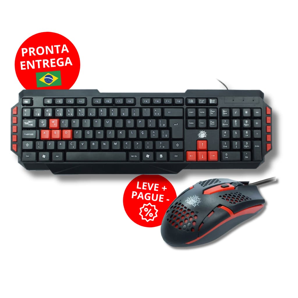 Teclado e Mouse Gamer ABNT2 Multimídia Lateral USB Teclas Vermelhas Destacadas