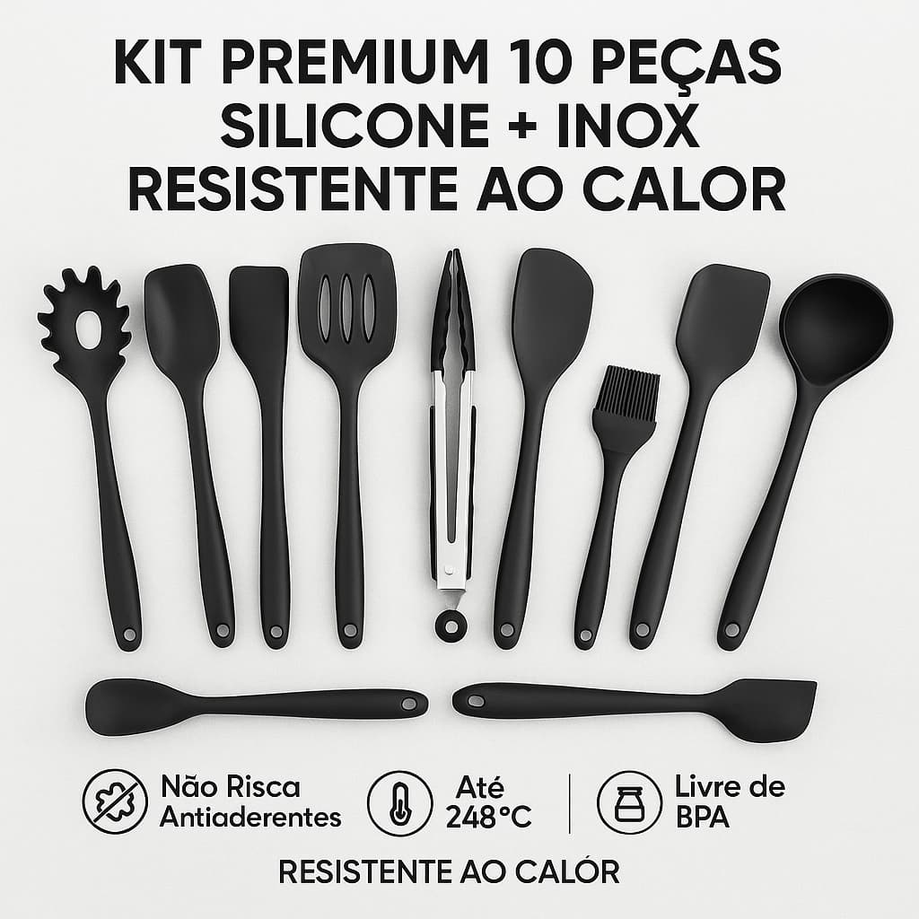 Conjunto Utensílios Kit 10 Peças Talher de Cozinha Silicone Cabo Inox
