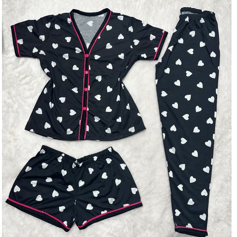 Kit 3 em 1 Pijama Americano Feminino Camisa Botões short calça Frio/Calor Malha Amamentação Conforto