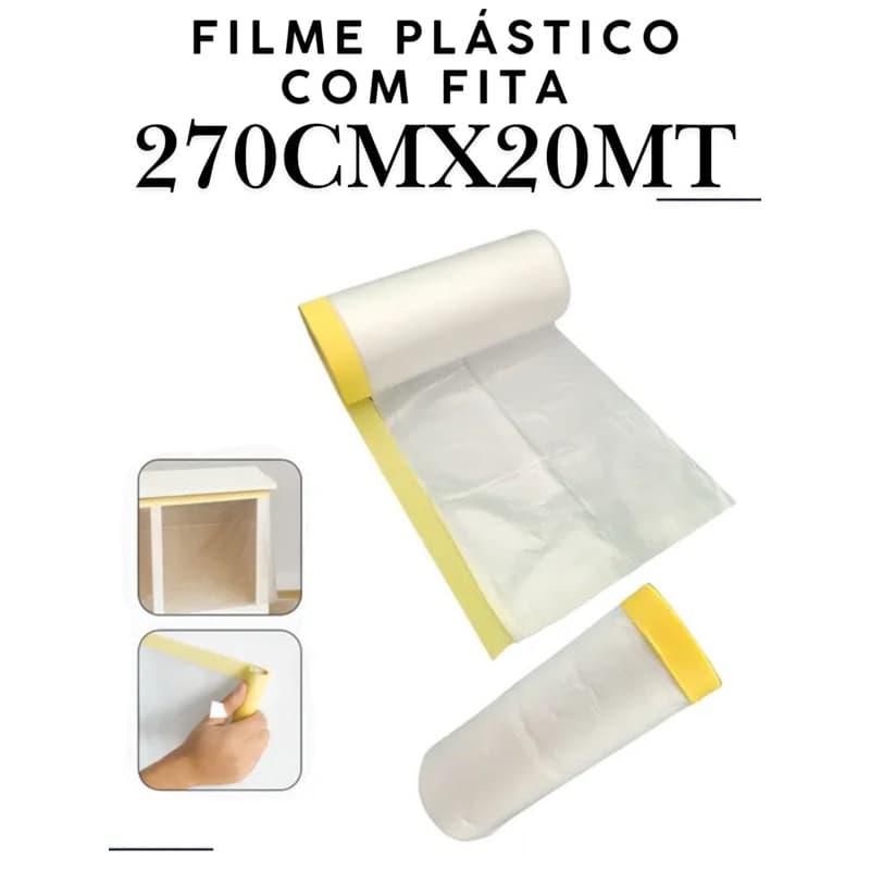 🟡 Plástico com Fita Crepe 270cm x 20m – Proteção para Pintura e Reformas