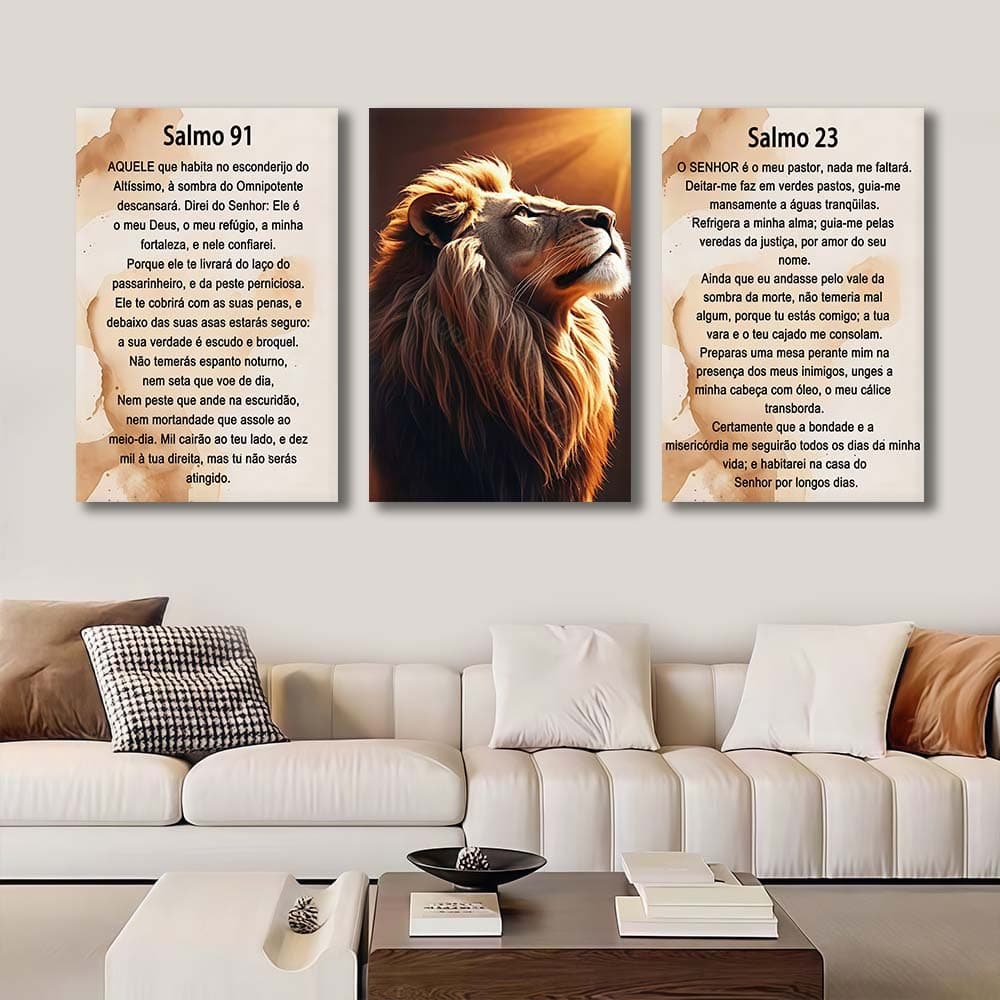 Kit 3 Quadros Decorativos Leão Com Texto Dos Salmos 23 e 91 Da Bíblia Sagrada Decorativo Religioso Para Sala