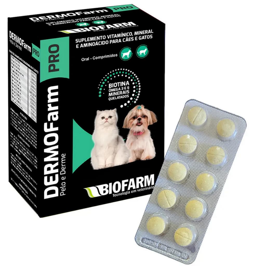Pelo e Derme Dermofarm Pro Biofarm - Vitamina Queda de Pelo Cães Gatos - 10 Comprimidos + bula