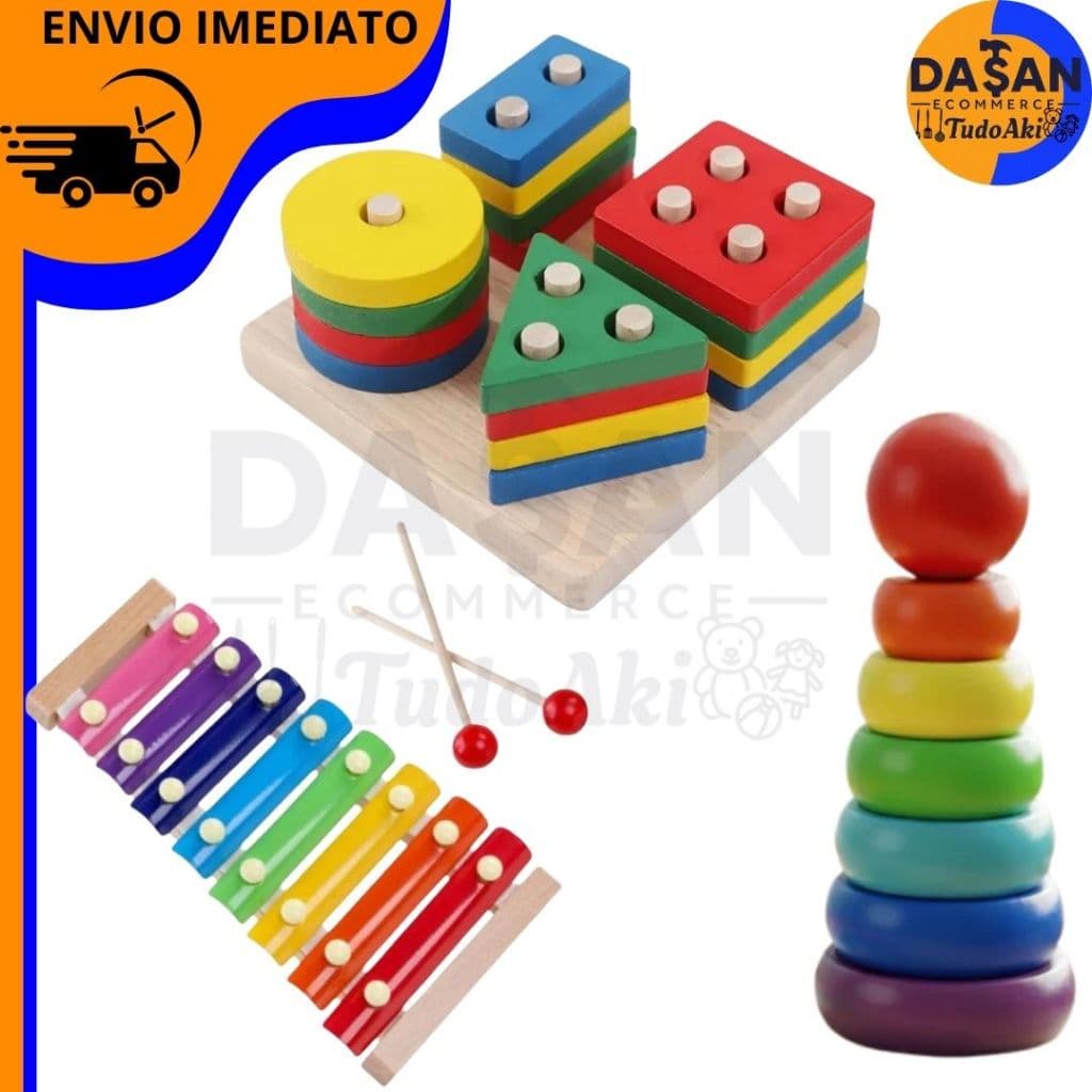 Brinquedo Montessori de Madeira – Torre de Encaixe, Xilofone Sensorial Didático e Encaixe Quadrado
