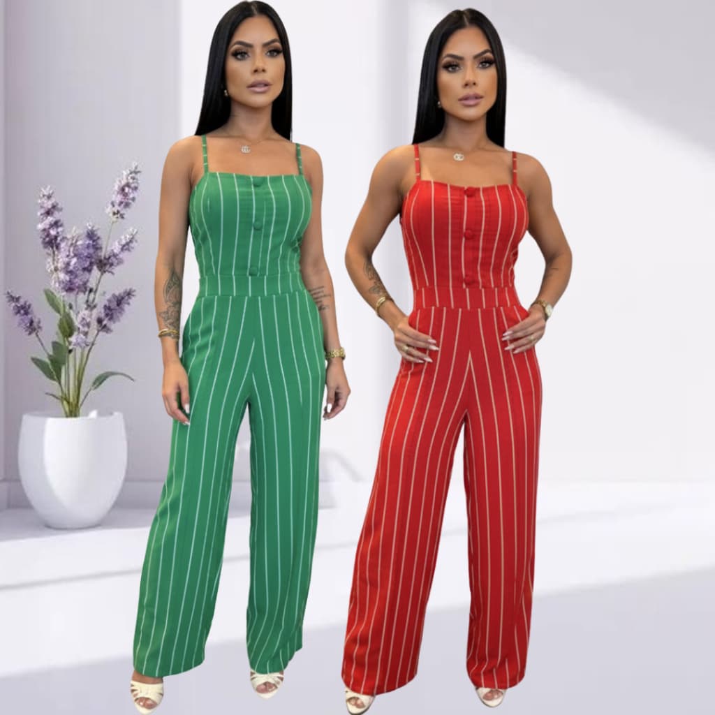 Primavera Verão Macacão Longo Feminino com Decote Quadrado, Alças Ajustáveis e Botões Frontais – Look Moderno e conforto