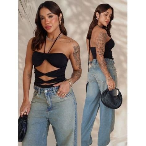 ✨ Body Feminino Sexi Gringa Recortes Profundos 3 Tiras com Amarração Ajustável para Festa e Balada ✨