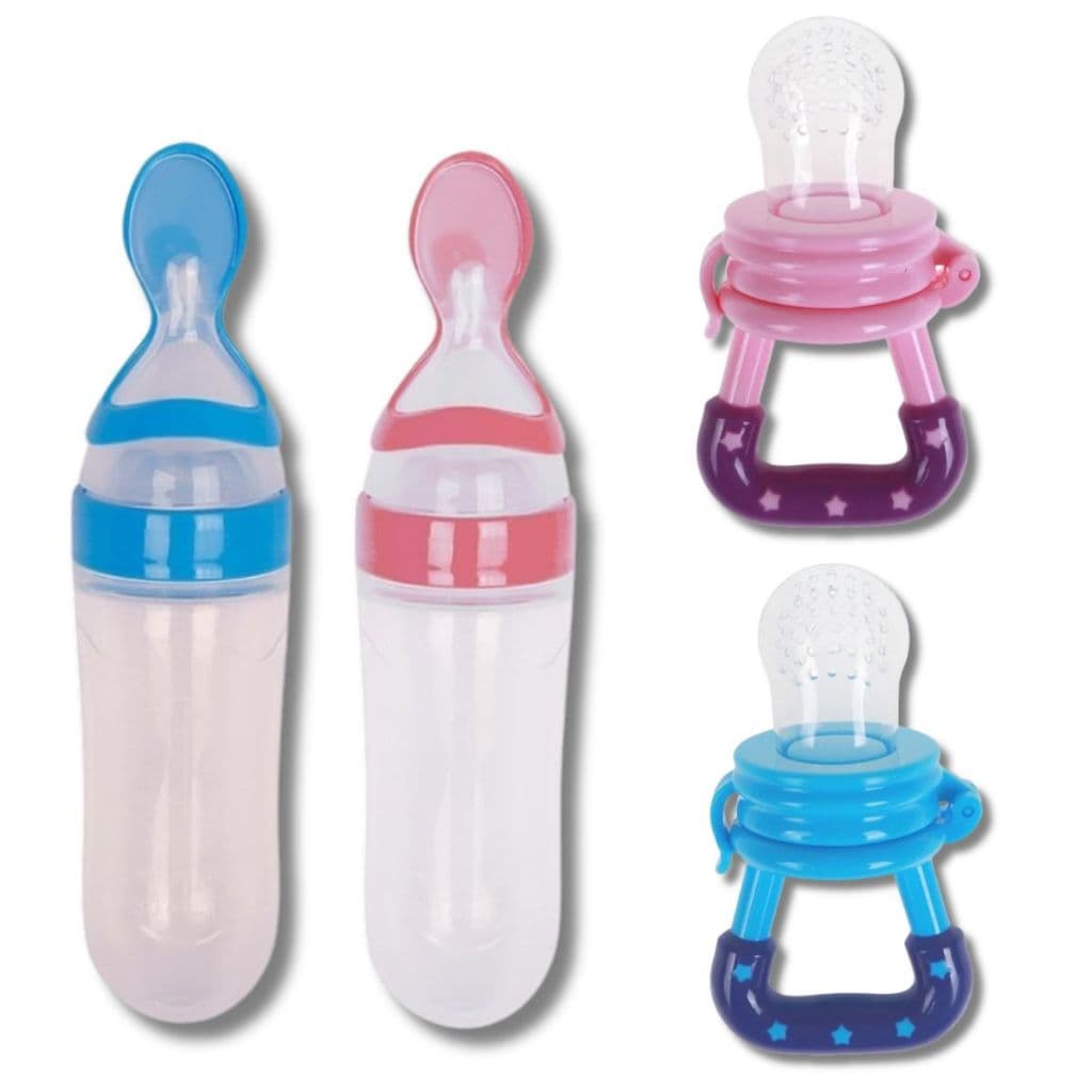 Kit Introdução Alimentar Colher Dosadora e Mordedor de Frutas para Bebê em Silicone -Mamadeira Leite