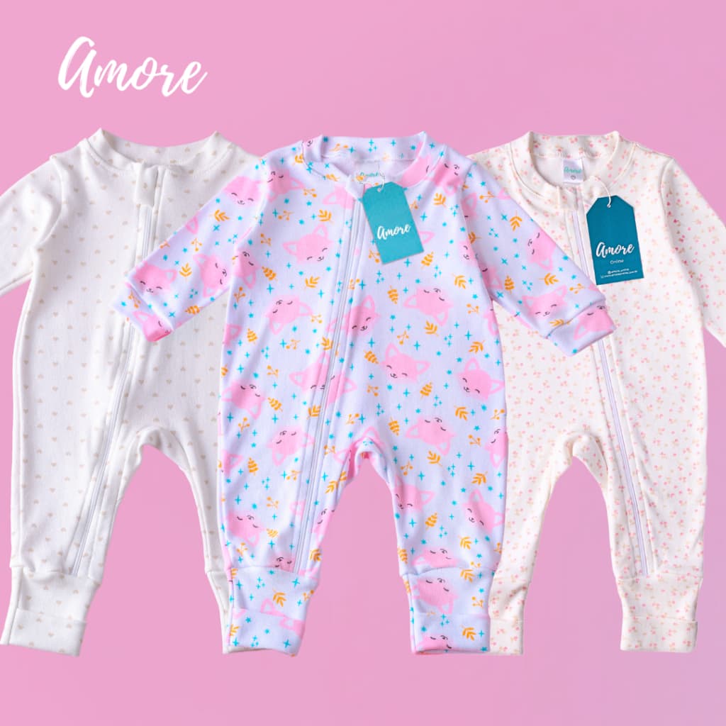 Kit 3 Macacão Menina Amore Vira Pé Floral Recem Nascido a 12 Meses 100% Algodão
