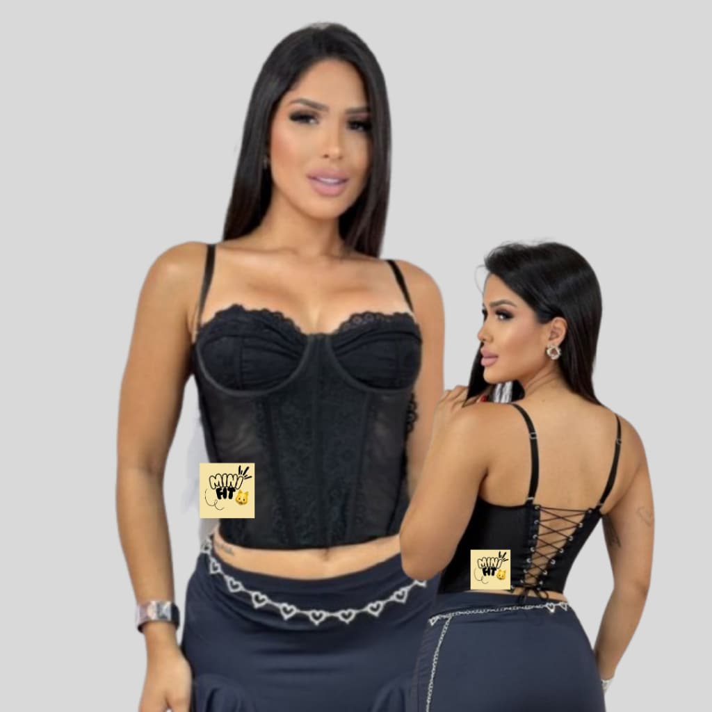 Cropped Corset Tule Cinderela Sem Bojo Com Aro Corselet Meia taça Marrom Top Cropped Espartilho