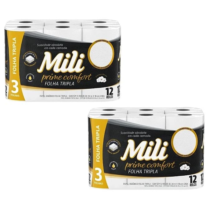 Kit 24 Rolos Papel Higiênico Mili Prime Comfort, Folha Tripla, 2 Pacotes Com 12 Rolos Cada