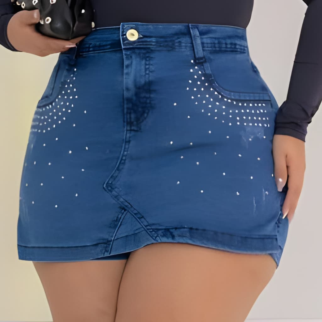 Short Saia Jeans  Plus Size Feminino com Lycra e com brilho do 46 ao 56