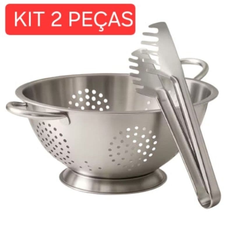 Escorredor de Macarrão Massas Multiuso + Pegador de Massas Inox Utensílios Cozinha KIT 2 Peças