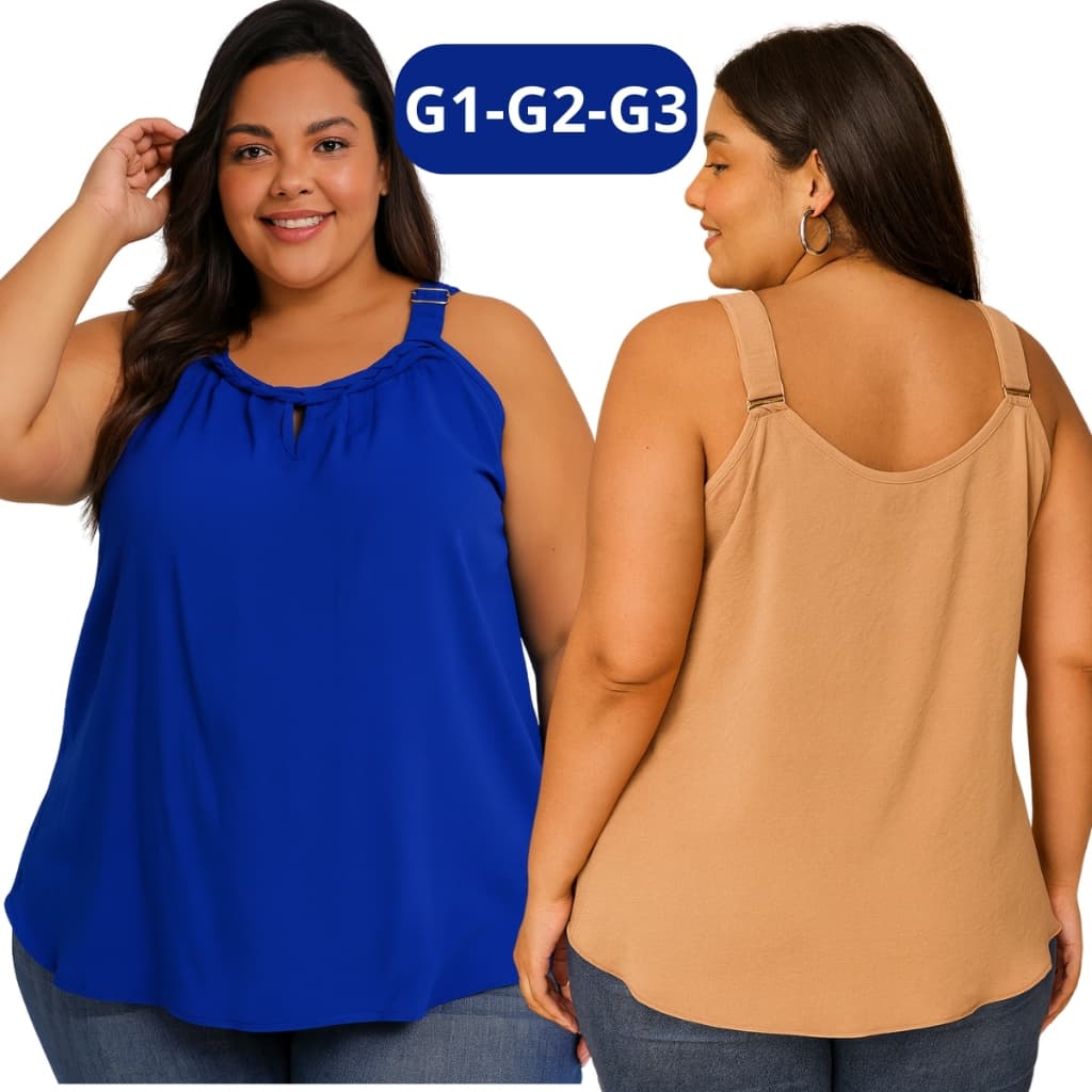 Blusa Regata Plus Size Alça Larga Detalhe Trança no Decote GG G1 G2 G3 Moda Feminina"