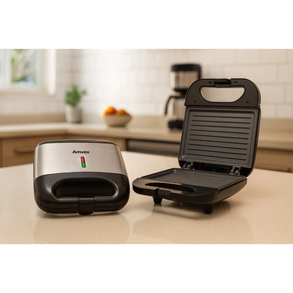 Sanduicheira e Grill Elétrica 750W Lanches Dupla Antiaderente Preta Inox Amvox AMS 500 BLACK 110V