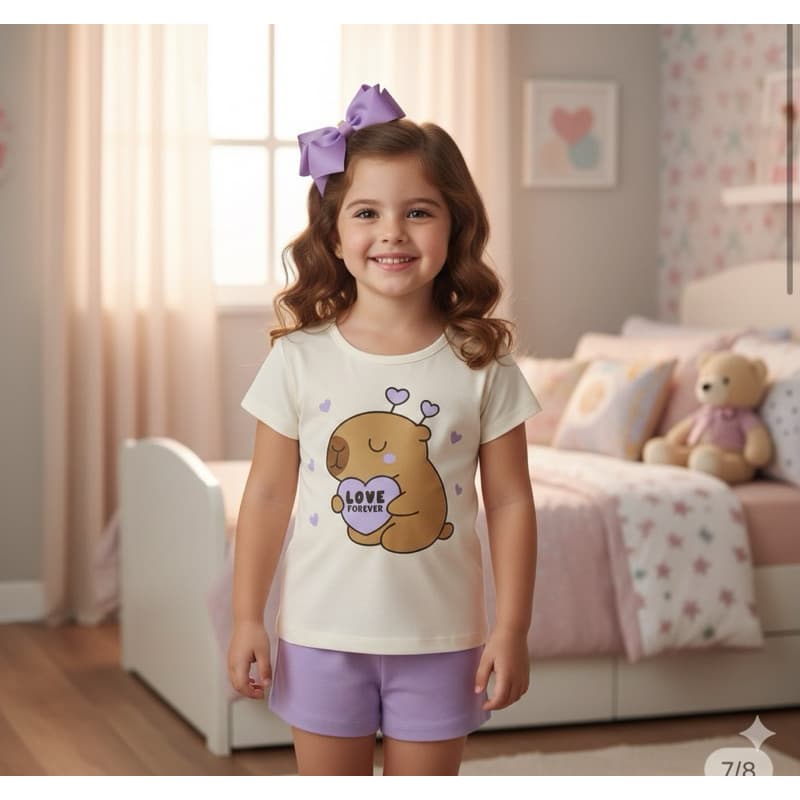 Pijama Capivara Lilas Verão Feminino Infantil 2 ao 14 - Pronta entrega