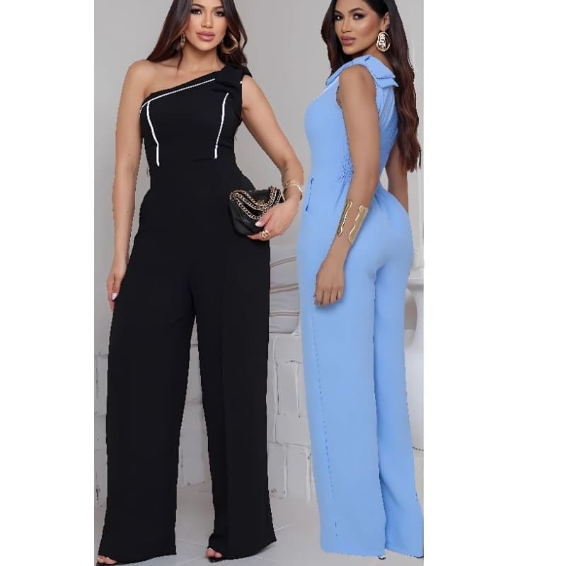 Macacão Feminino Duna Elegante Pantalona Ombro Diferenciado Decote Assimétrico Look Festa Eventos