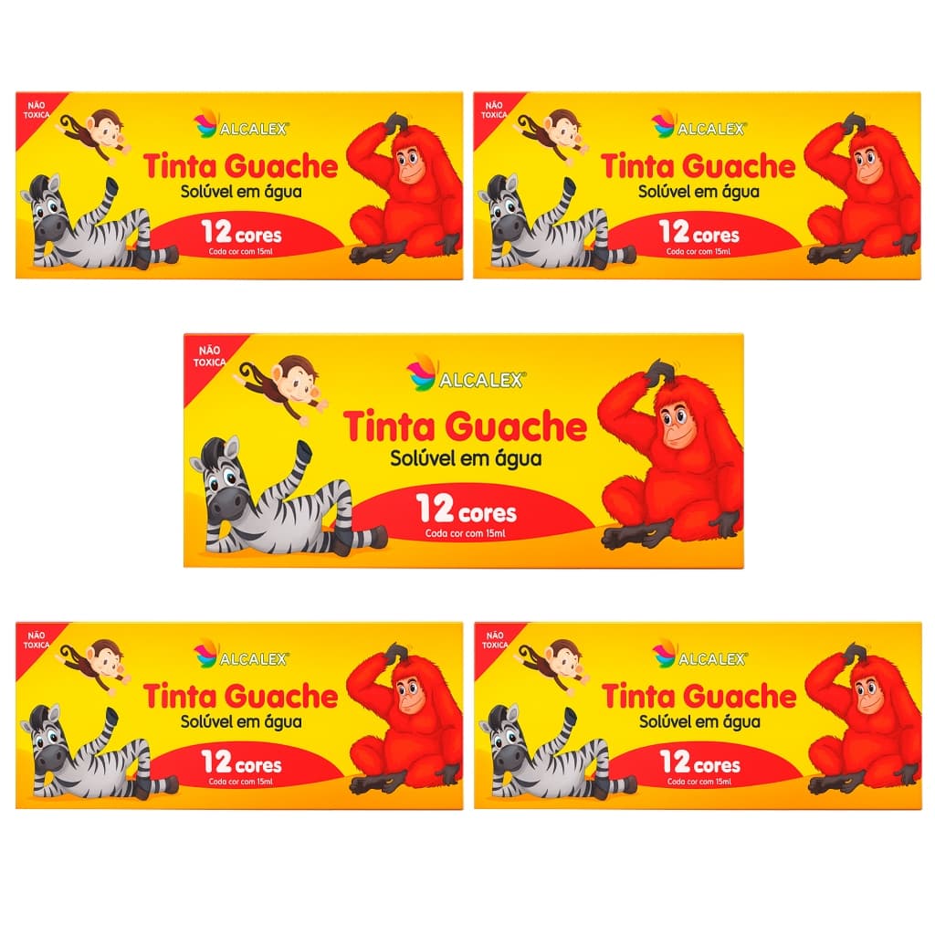 Kit 5cx Tinta Guache 12 Cores Vivas para Escolar e Festas