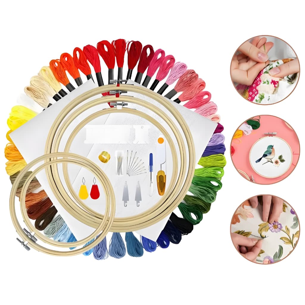 Kit Bordado Completo Ponto Russo Bastidores Bambu Linhas Coloridas Agulhas e Bolsa