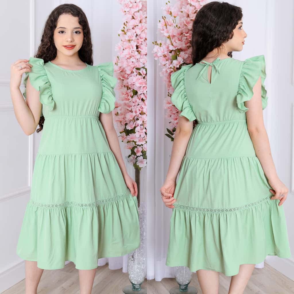 Vestido Juvenil Feminino Borboleta – Com Babado, Cintura Elástica e forro na saia, tecido crepi – Moda Infantil Feminina