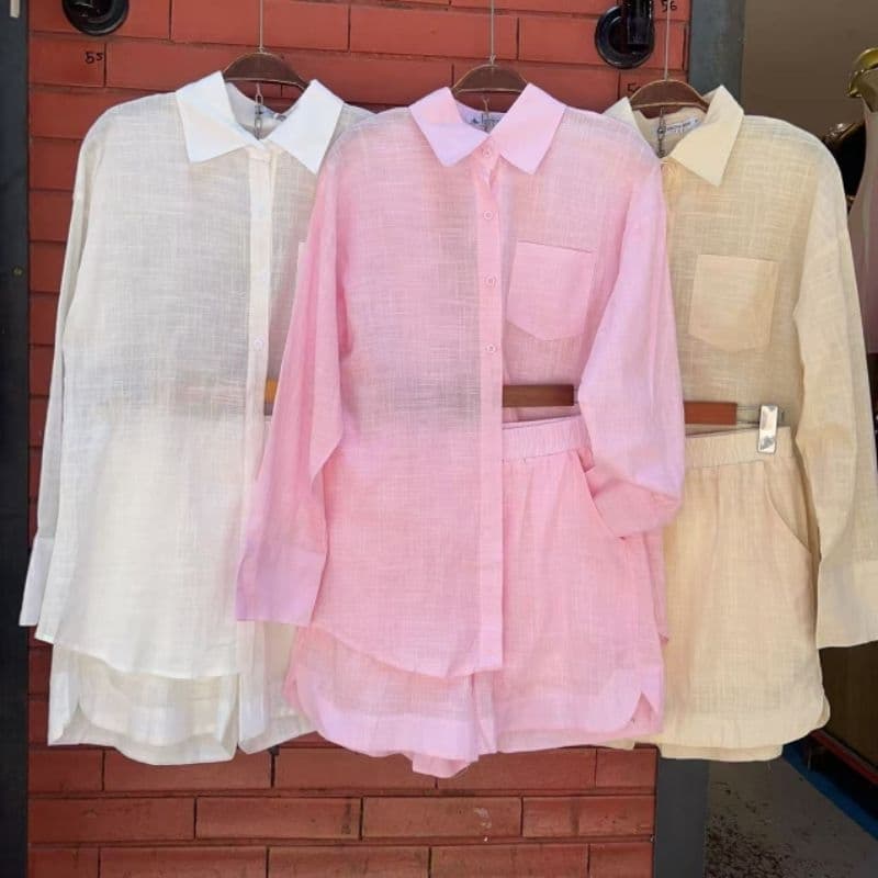 Conjunto em linho importado camisa e short com forrado casaul elegante para seu looks coreção novo em verão