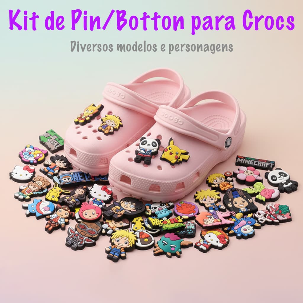 Kit Pin Botton Emborrachado Chinelo Sandalia Hello Kitty Super Mario Herois Potter Carros Minecraft Stranger Things Fofo