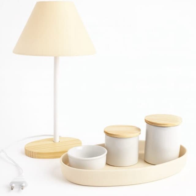 Kit Higiene Bebê com Abajur 5 Peças – Bandeja + Potes de Porcelana com Tampa de Madeira+ Abajur clean