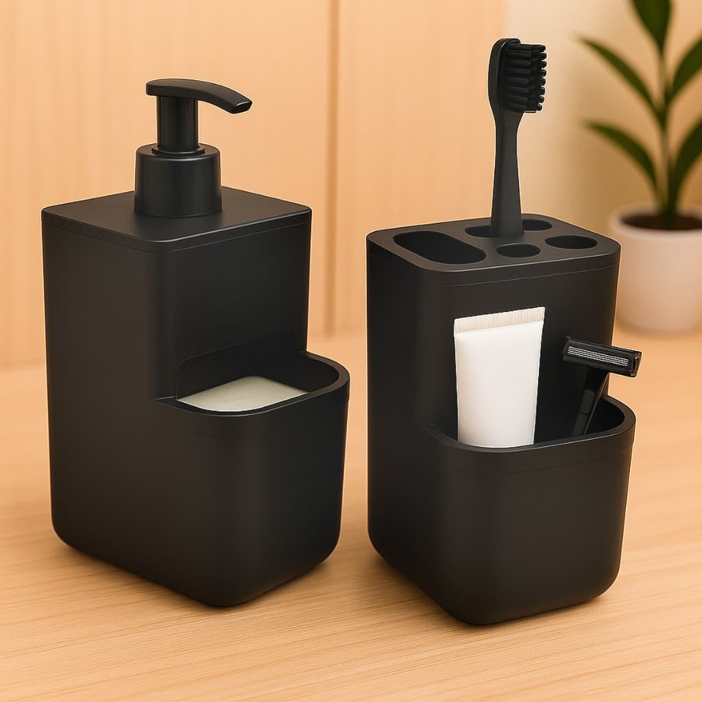Dispenser Detergente Sabonete Líquido Lavanderia + Porta Escova de Dente para Banheiro