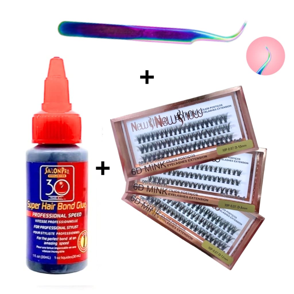 Conjunto de Cola 30ml Salon Pro + Pinça Vetus + Cílios Postiços 30P-0.07-D NEW SHOW - Tufos Sem nó
