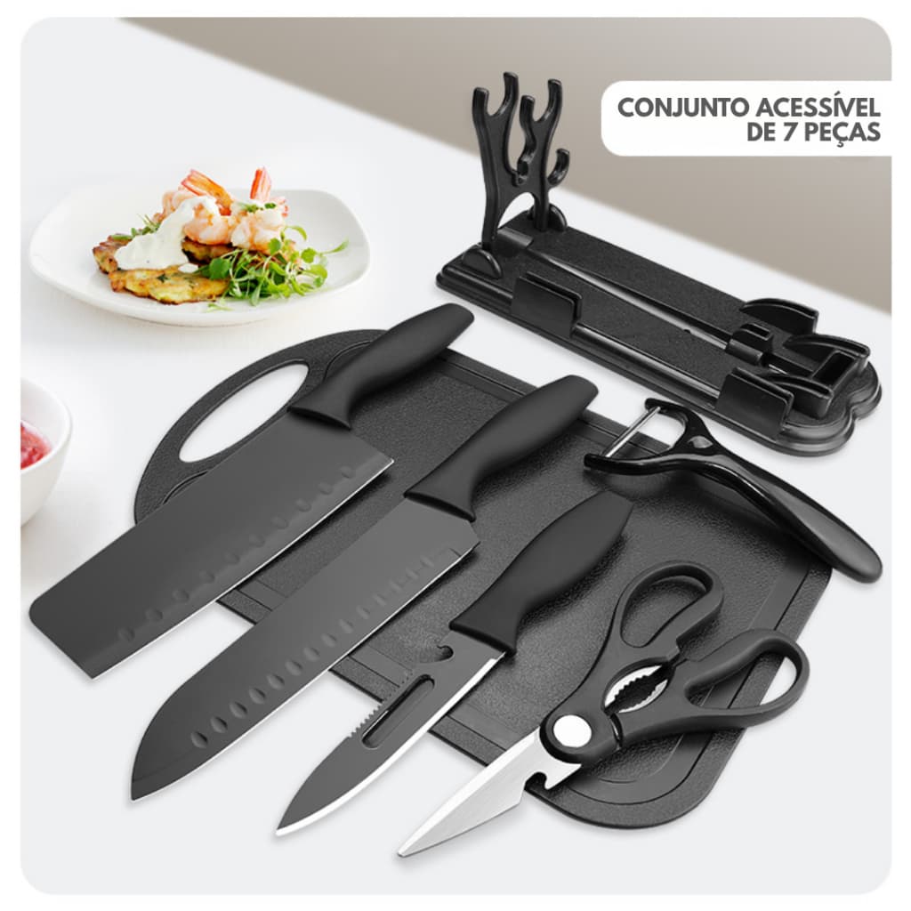 Conjunto 7 Peças Inox com Tábua e Suporte - Acessórios Completos para Cozinha, Cabos Ergonômicos