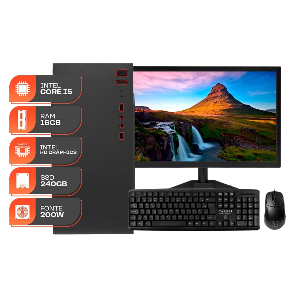 Computador Home Essential S, Intel Core i5, 16GB DE RAM, SSD 240GB, Completo com Monitor e Periféricos + Adaptador WI-FI