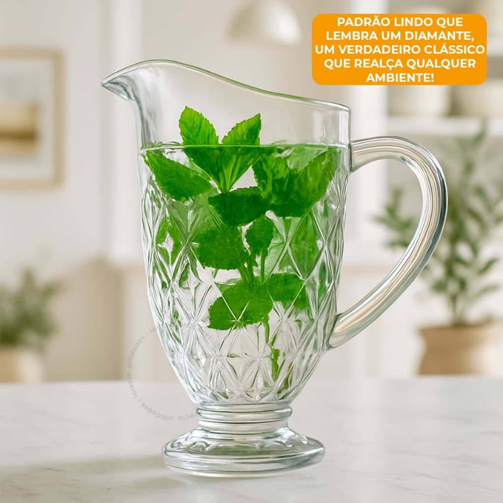 Jarra De Vidro Diamond 1,2 Litros Alça Reforçada Água Suco Refresco Chá Drinks Luxo