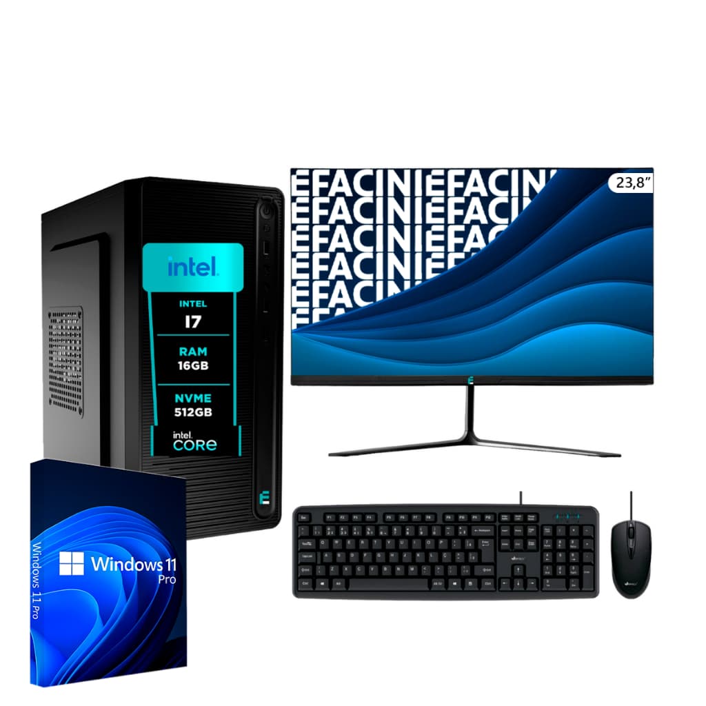 Computador Pc Completo Intel Core i7, 16GB, Windows 11 Pro, Monitor 24 Polegadas, Ssd eFacini 512GB