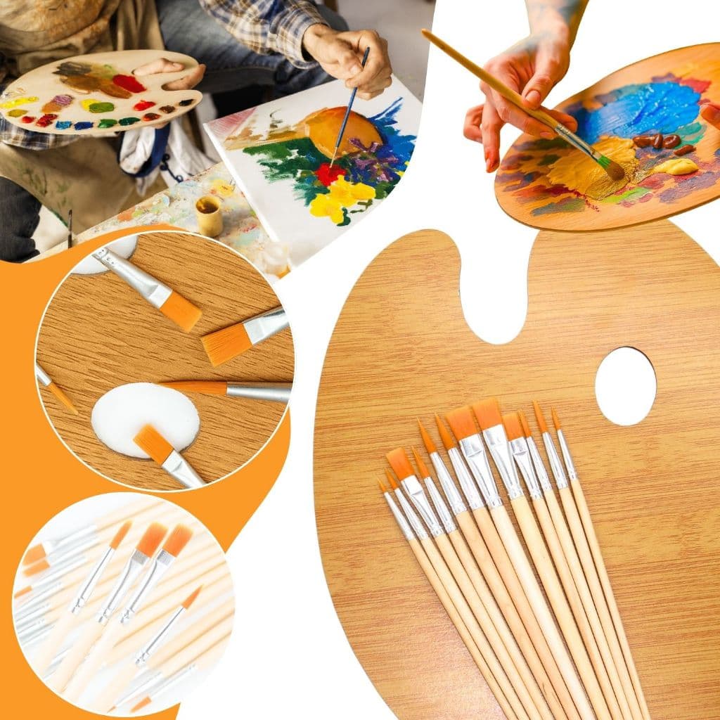 Kit 12 Pincéis Artesanato Artes Pintura de Rosto Guache Pontas Fina e Chata + Paleta de Madeira