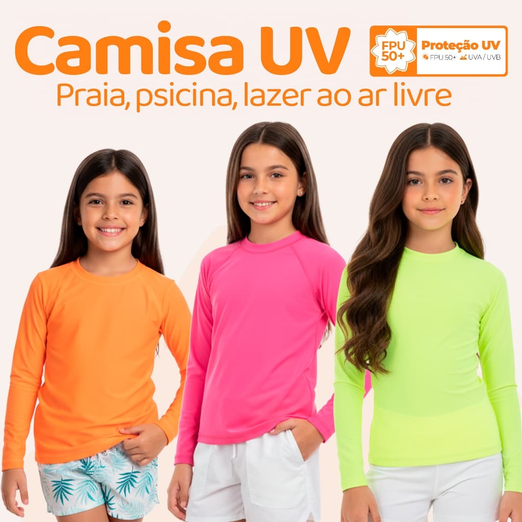 Blusa UV Termica Infantil Menina Proteção Solar Moda Praia Feminina Verão Escolha Sua Cor Preferida l06